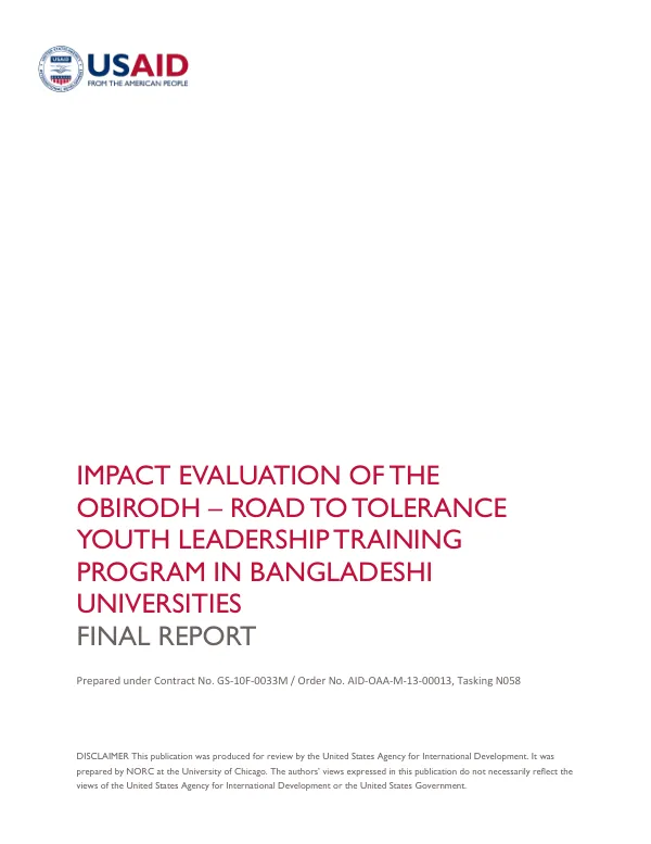 Impact evaluation of the obirodh - road to tolerance youth leadership training program in Bangladeshi universities: final report