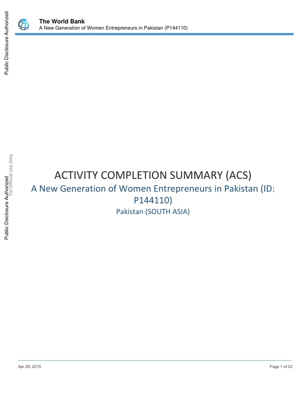 Activity completion summary (ACS): a new generation of women entrepreneurs in Pakistan
