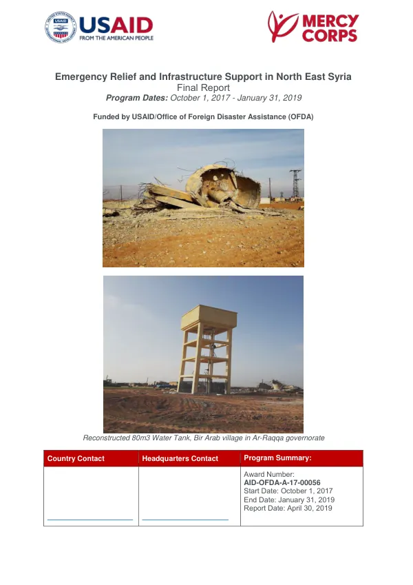 Emergency relief and infrastructure support in North East Syria : final report, program dates : October 1, 2017 - January 31, 2019