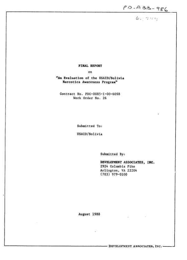 Final report on an evaluation of the USAID/Bolivia narcotics awareness program