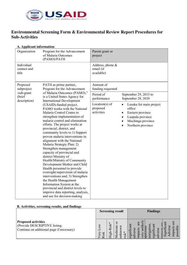Environmental Screening Form & Environment review report