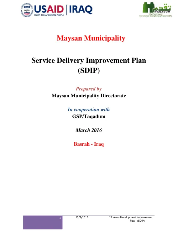 Maysan Municipality - Service Delivery Improvement Plan (SDIP) March 2016