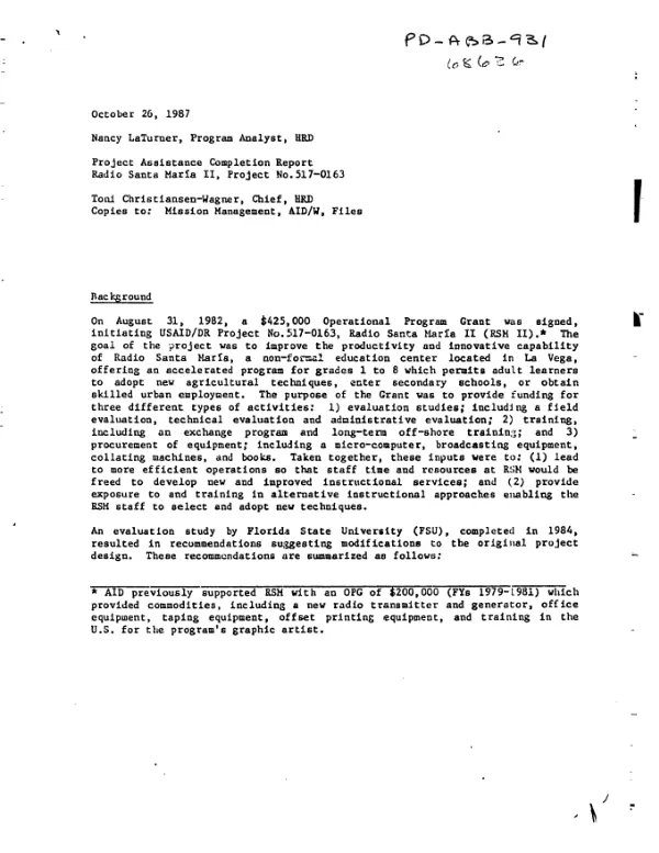 Project assistance completion report : Radio Santa Maria II