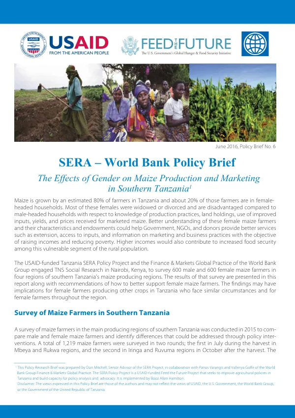 Tanzania SERA: Enabling Policy Environment for Agricultural Sector Growth, SERA – World Bank Policy Brief No. 6, The Effects of Gender on Maize Production and Marketing in Southern Tanzania