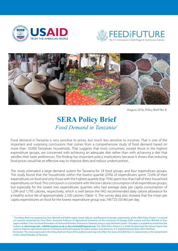 Tanzania SERA: Enabling Policy Environment for Agricultural Sector Growth, SERA Policy Brief No. 8, Food Demand in Tanzania