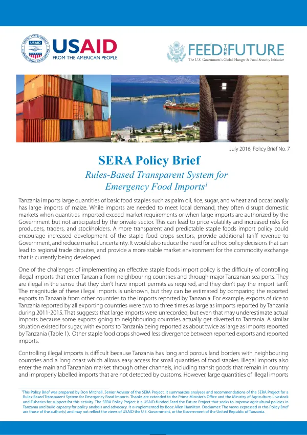 Tanzania SERA: Enabling Policy Environment for Agricultural Sector Growth, SERA Policy Brief No. 7, Rules-Based Transparent System for Emergency Food Imports