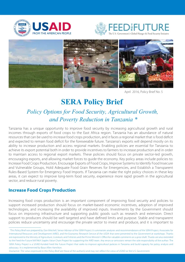 Tanzania SERA: Enabling Policy Environment for Agricultural Sector Growth, SERA Policy Brief No. 5, Policy Options for Food Security, Agricultural Growth, and Poverty Reduction in Tanzania