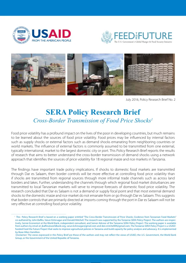 Tanzania SERA: Enabling Policy Environment for Agricultural Sector Growth, SERA Policy Research Brief No. 2, Cross-Border Transmission of Food Price Shocks