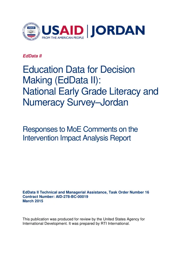 Education data for decision making (EdData II) National early grade literacy and numeracy survey - Jordan Responses to MoE comments on the intervention impact analysis report