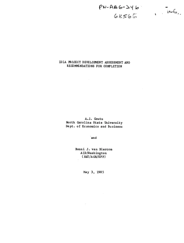 IDIA [Dominican Institute of Agricultural Research] project development assessment and recommendations for completion