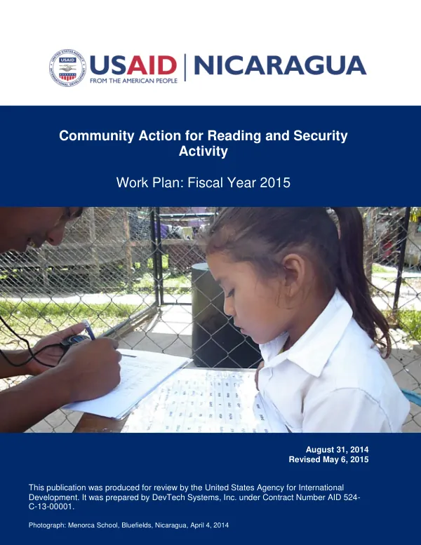 USAID Nicaragua Community Action for Reading and Security Activity (CARS) FY2015 Work Plan