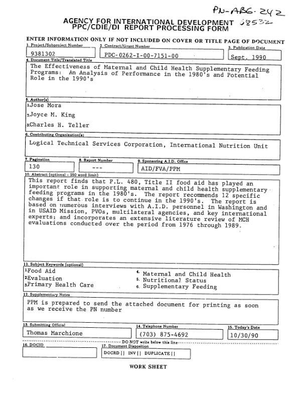 Effectiveness of maternal and child health (MCH) supplementary feeding programs : an analysis of performance in the 1980's and potential role in the 1990's