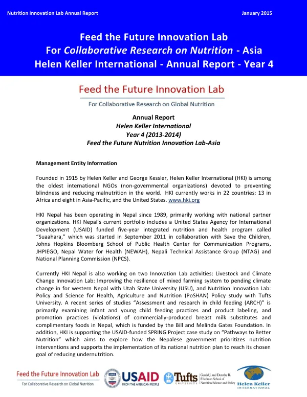 Feed the Future Innovation Lab For Collaborative Research on Nutrition - Asia - Helen Keller International - Annual Report - Year 4
