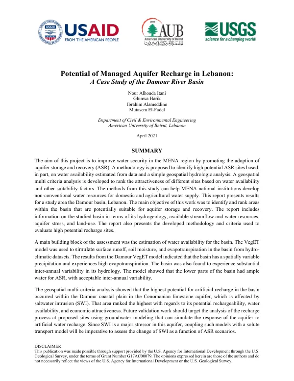 Potential of managed aquifer recharge in Lebanon : a case study of the Damour River Basin