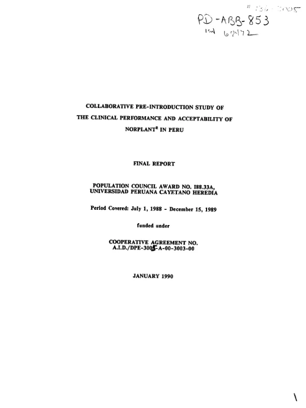 Collaborative pre-introduction study of the clinical performance and acceptability of Norplant in Peru : final report