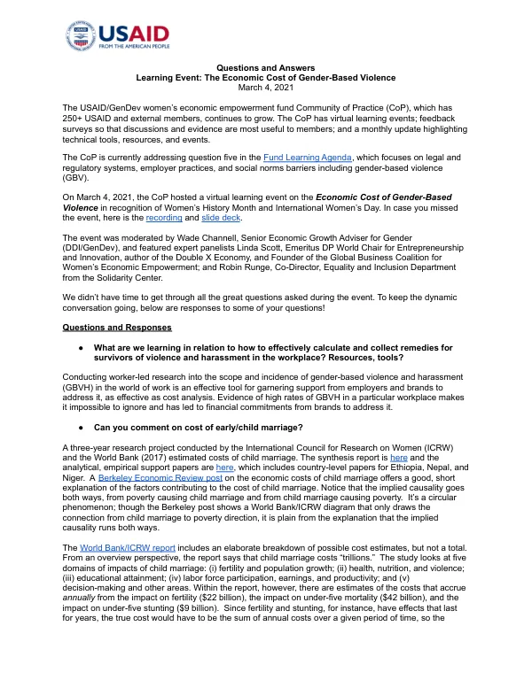 Questions and answers learning event : the economic cost of gender-based violence