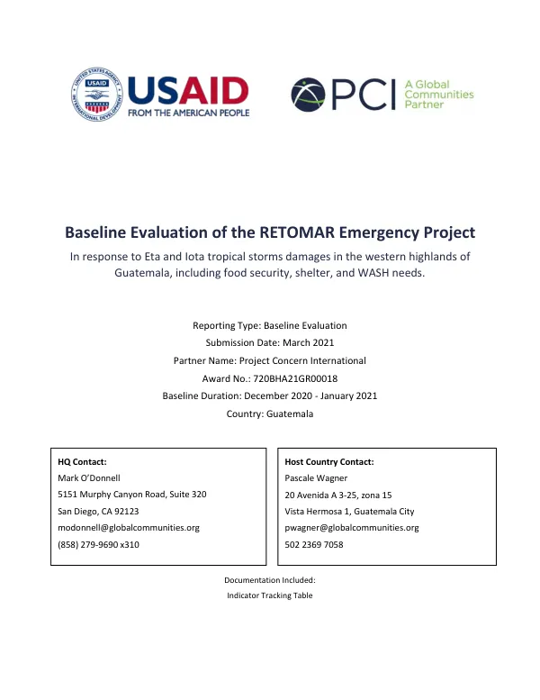 Baseline evaluation of the RETOMAR emergency project : in response to Eta and Iota tropical storms damages in the western highlands of Guatemala, including food security, shelter, and WASH needs
