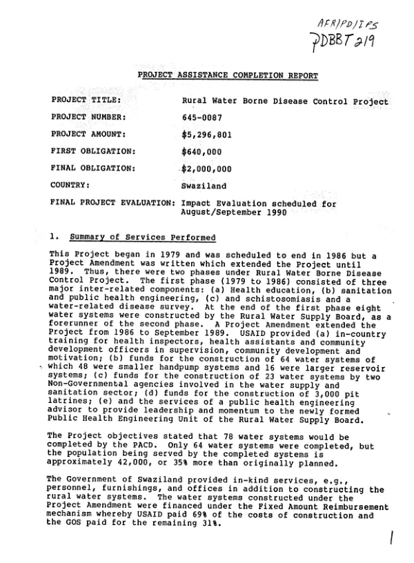 Project assistance completion report [: rural water borne disease control project]