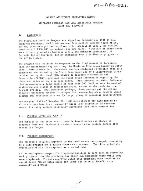 Project assistance completion report : displaced Honduran families assistance program, grant no. 522-0326