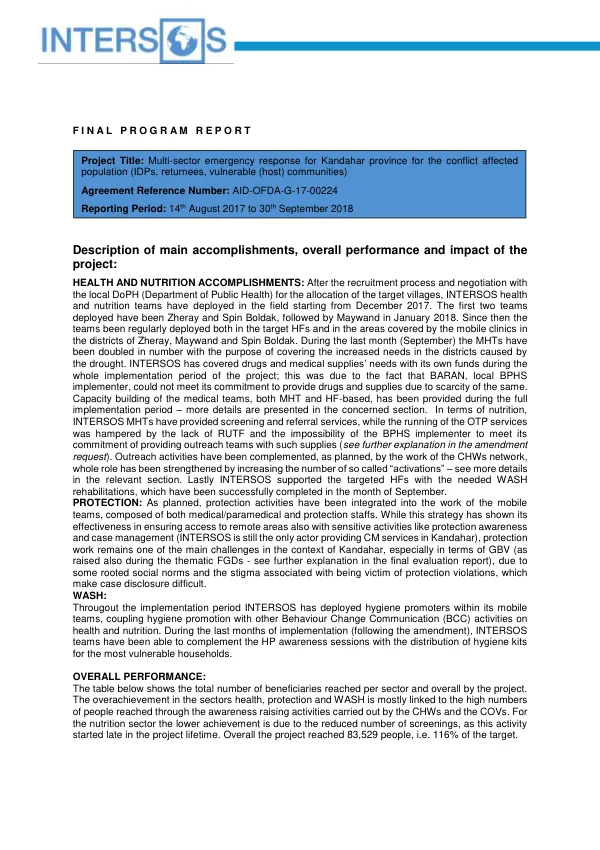 Final program report : multi-sector emergency response for Kandahar province for the conflict affected population (IDPs, returnees, vulnerable (host) communities)