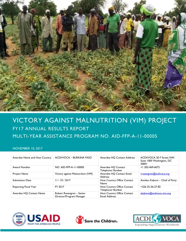 FY17 Annual Results Report (ARR) - Victory Against Malnutrition (ViM) Burkina Faso