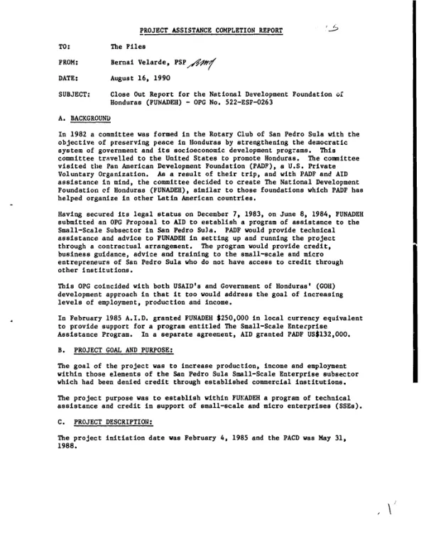 Close out report for the National Development Foundation of Honduras (FUNADEH) - OPG no. 522-ESF-0263