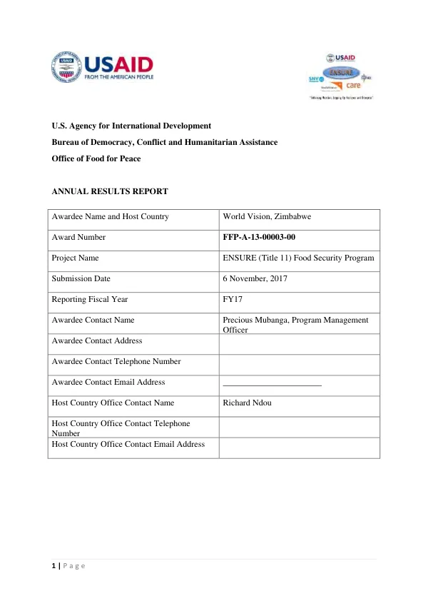 ENSURE title 11: food security program : annual report