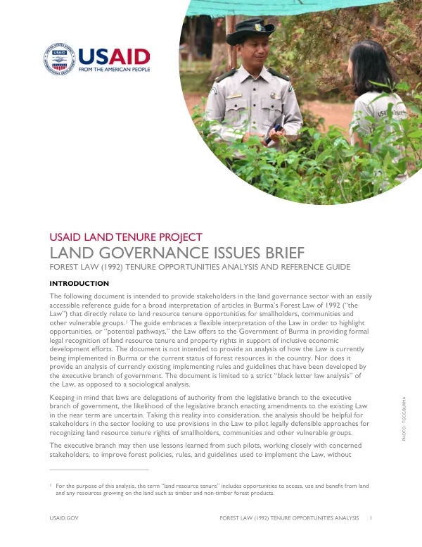 USAID land tenure project : land governance issues brief : Forest Law (1992) tenure opportunities analysis and reference guide