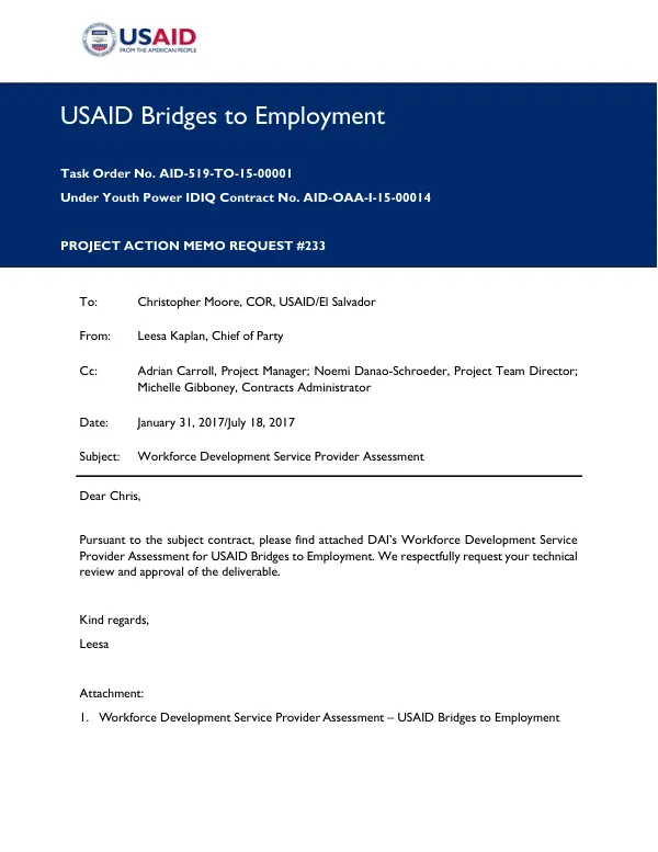 Service Provider Assessment - Bridges to Employment