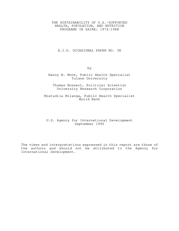 Sustainability of US-supported health, population, and nutrition programs in Zaire : 1972-1988