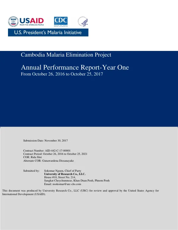 Cambodia Malaria Elimination Project Annual Performance Report Year One