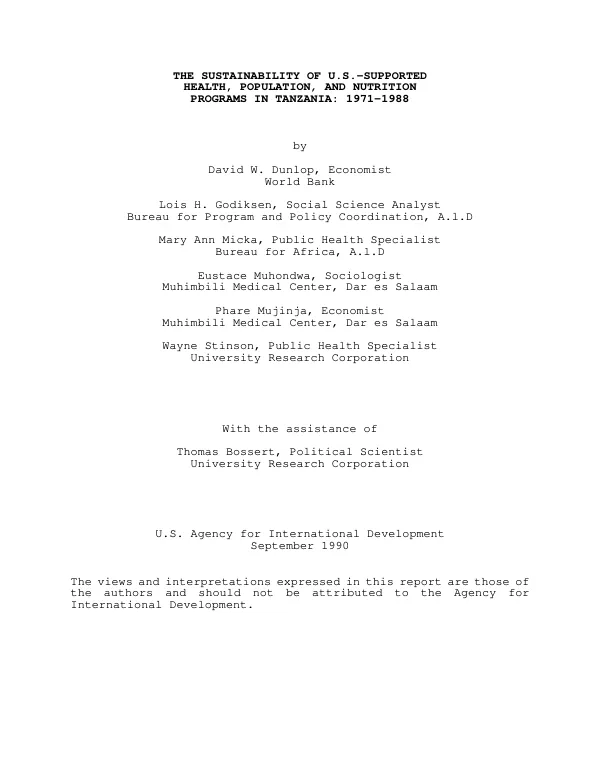 Sustainability of US-supported health, population, and nutrition programs in Tanzania : 1971-1988