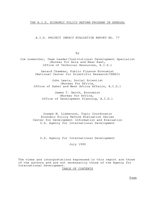 AID economic policy reform program in Senegal