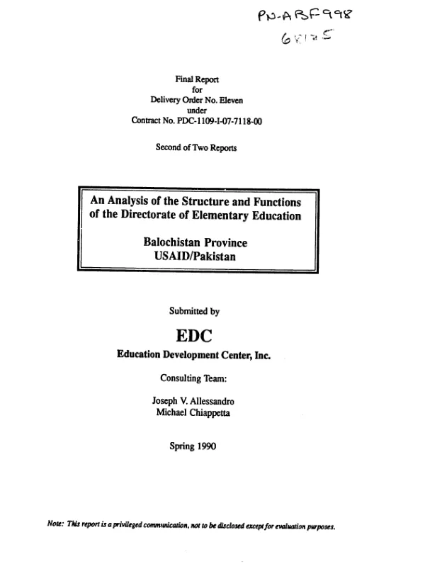 Analysis of the structure and functions of the Directorate of Elementary Education, Balochistan Province, Pakistan