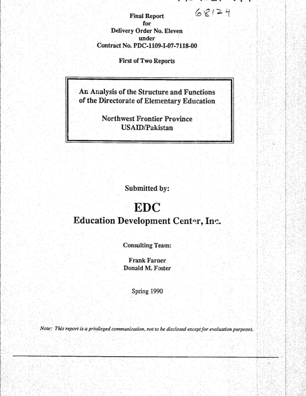 Pakistan, Northwest Frontier Province : an analysis of the structure and functions of the Directorate of Elementary Education