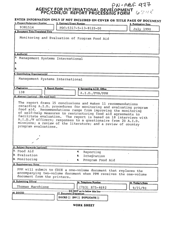 Monitoring and evaluation of program food aid