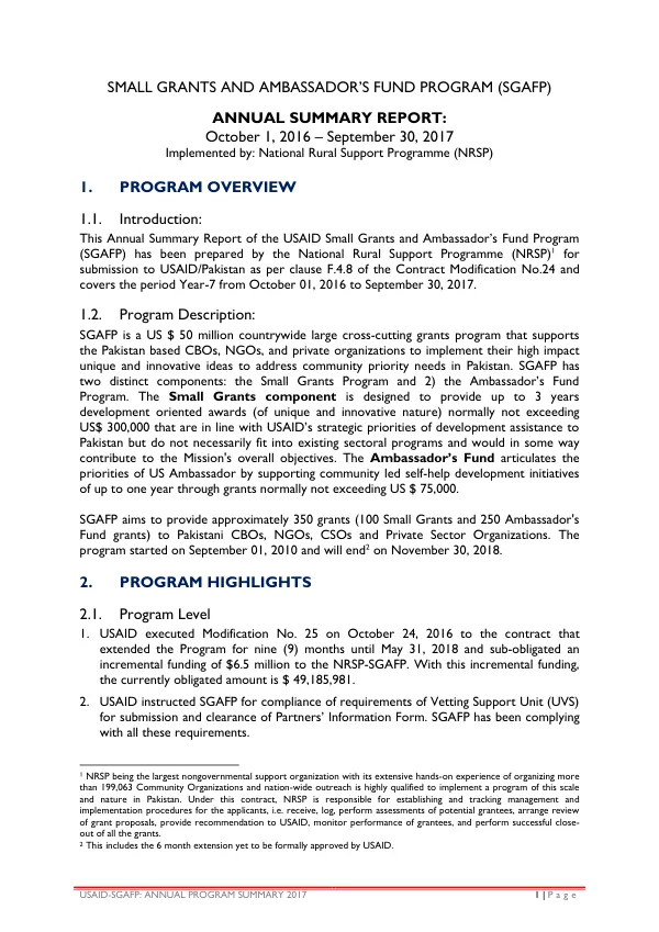 SMALL GRANTS AND AMBASSADOR’S FUND PROGRAM -ANNUAL SUMMARY REPORT: October 1, 2016 – September 30, 2017