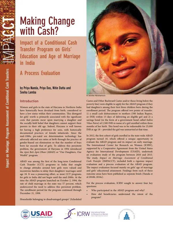 Making Change with Cash? Impact of a Conditional Cash Transfer Program on Age of Marriage in India - A Process Evaluation