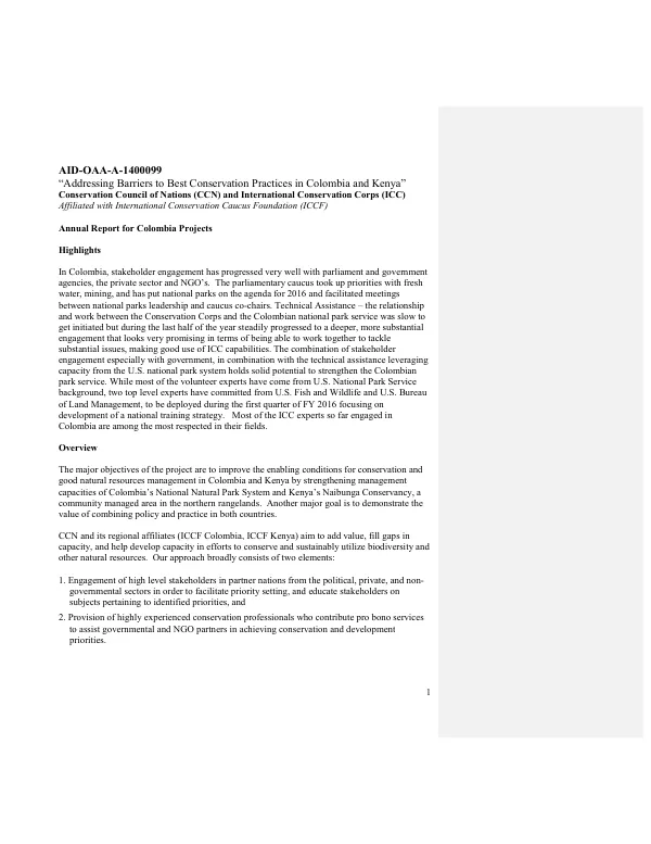 AID-OAA-A-1400099 “Addressing Barriers to Best Conservation Practices in Colombia and Kenya” Conservation Council of Nations (CCN) and International Conservation Corps (ICC)