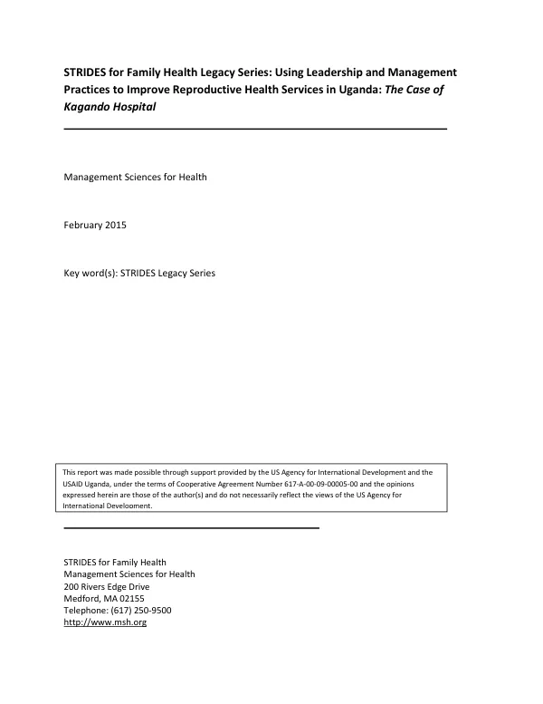 STRIDES for Family Health Legacy Series: Using Leadership and Management Practices to Improve Reproductive Health Services in Uganda: The Case of Kagando Hospital