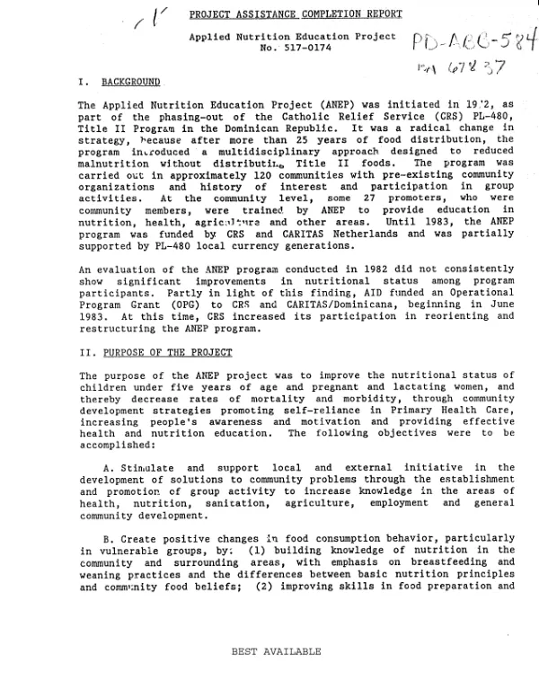 Project assistance completion report : applied nutrition education project, no. 517-0174