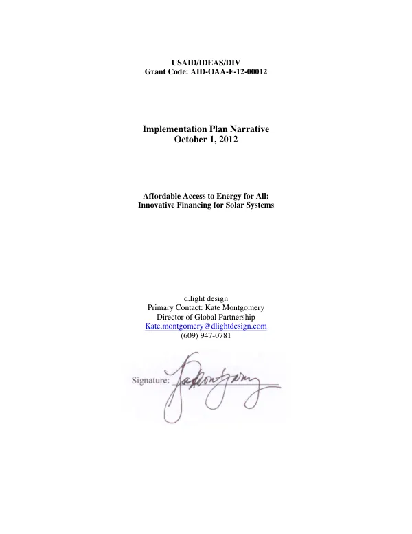 USAID/IDEAS/DIV grant code AID-OAA-F-12-00012 implementation plan narrative : affordable access to energy for all : innovative financing for solar systems