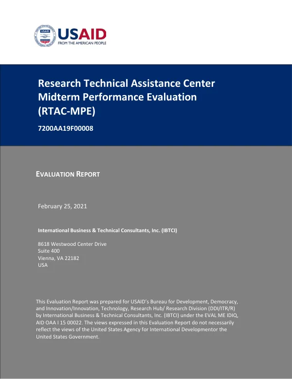 Research technical assistance center midterm performance evaluation (RTAC-MPE)