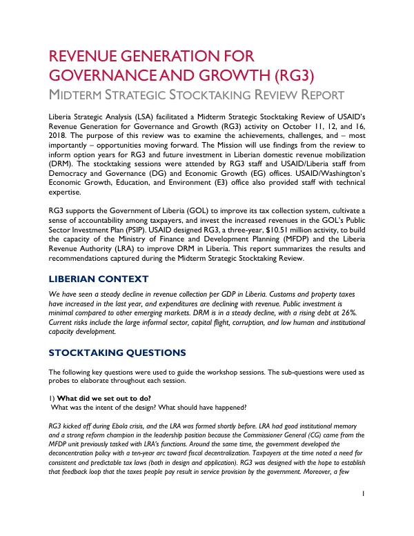 Revenue generation for governance and growth (RG3) : midterm strategic stocktaking review report