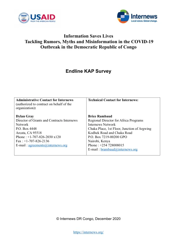 Information saves lives tackling rumors, myths and misinformation in the COVID-19 outbreak in the Democratic Republic of Congo : endline KAP survey