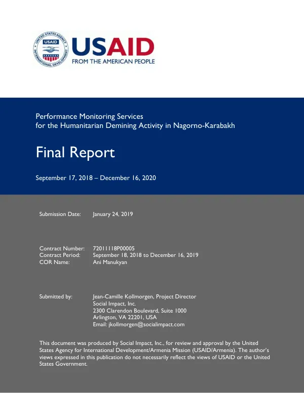Performance monitoring services for the humanitarian demining activity in Nagorno-Karabakh, : final report, September 17, 2018 - December 16, 2020