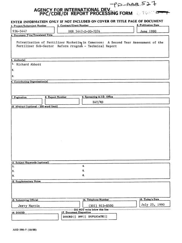 Privatization of fertilizer marketing in Cameroon : a second year assessment of the fertilizer sub-sector reform program : technical report