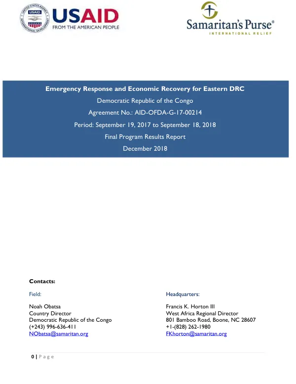 Emergency response and economic recovery for Eastern DRC : agreement no.: AID-OFDA-G-17-00214, period, September 19, 2017 to September 18, 2018 : final program results report