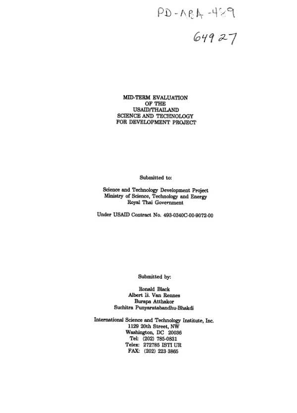 Mid-term evaluation of the USAID/Thailand science and technology for development project