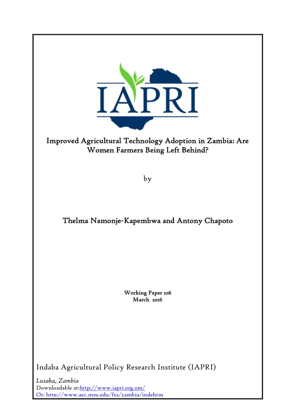 Improved Agricultural Technology Adoption in Zambia: Are Women Farmers Being Left Behind?